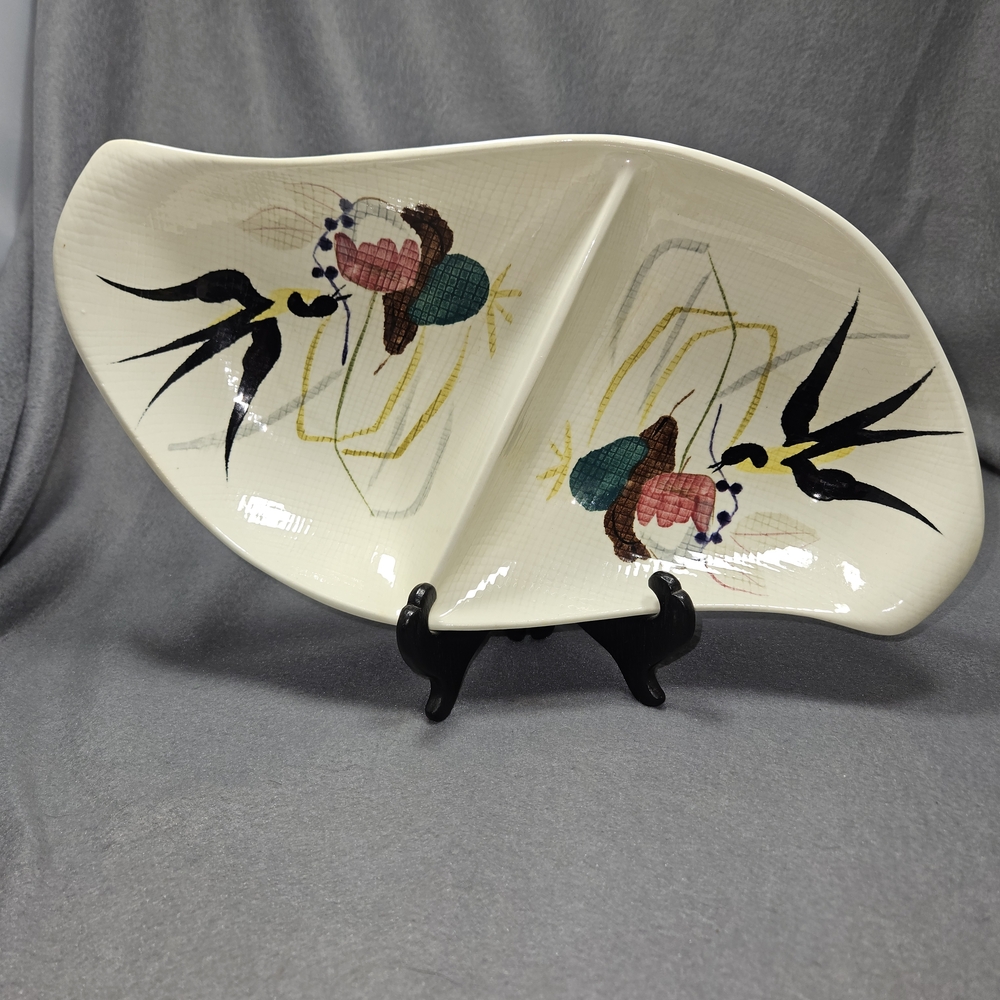 Hand-Painted Cream Divided Serving Platter with Floral & Swallow Motif